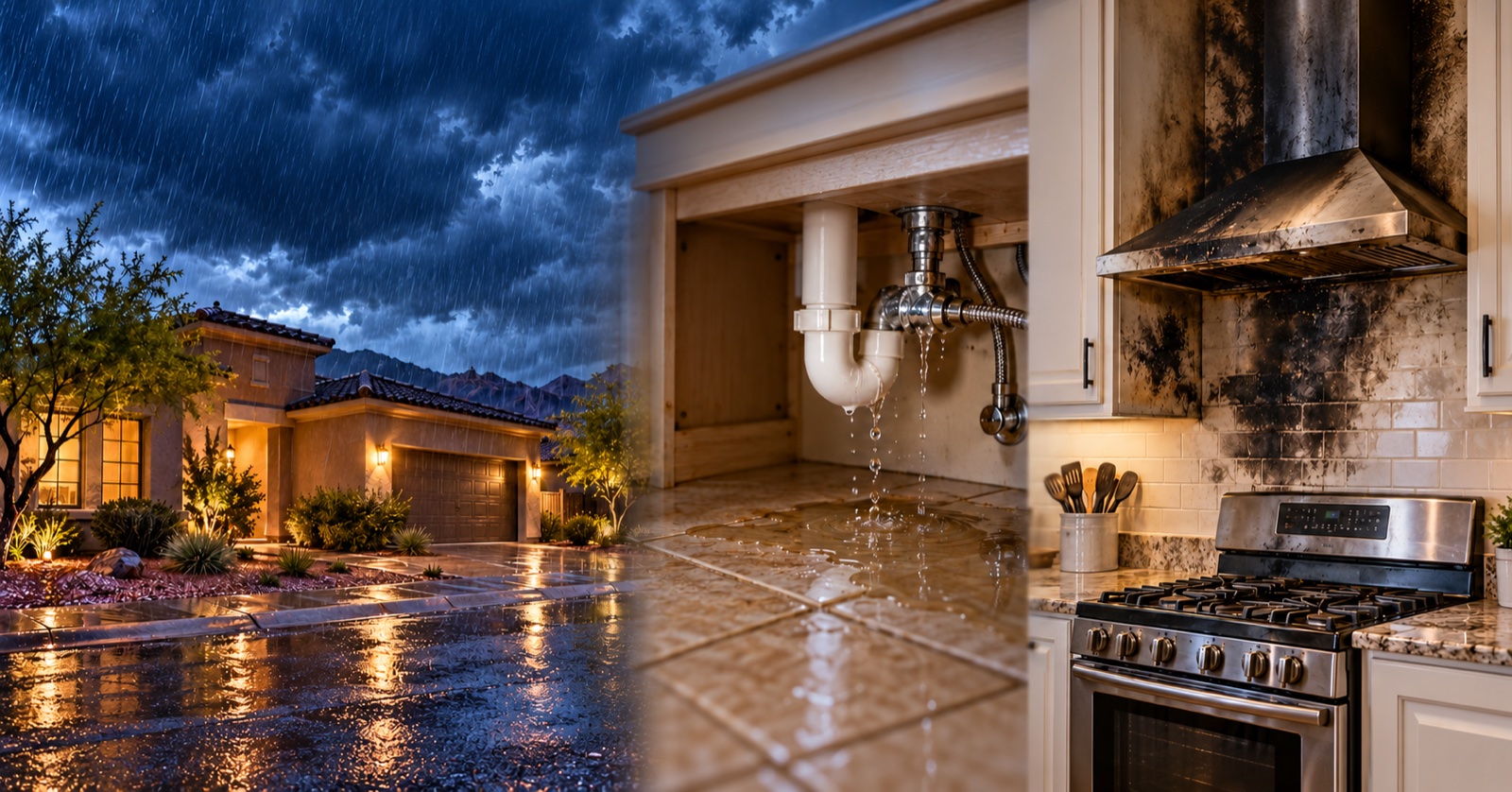 Three emergencies side by side: an Arizona home in a nighttime rainstorm, a leaking pipe under a sink, and soot-stained cabinets above a kitchen stove