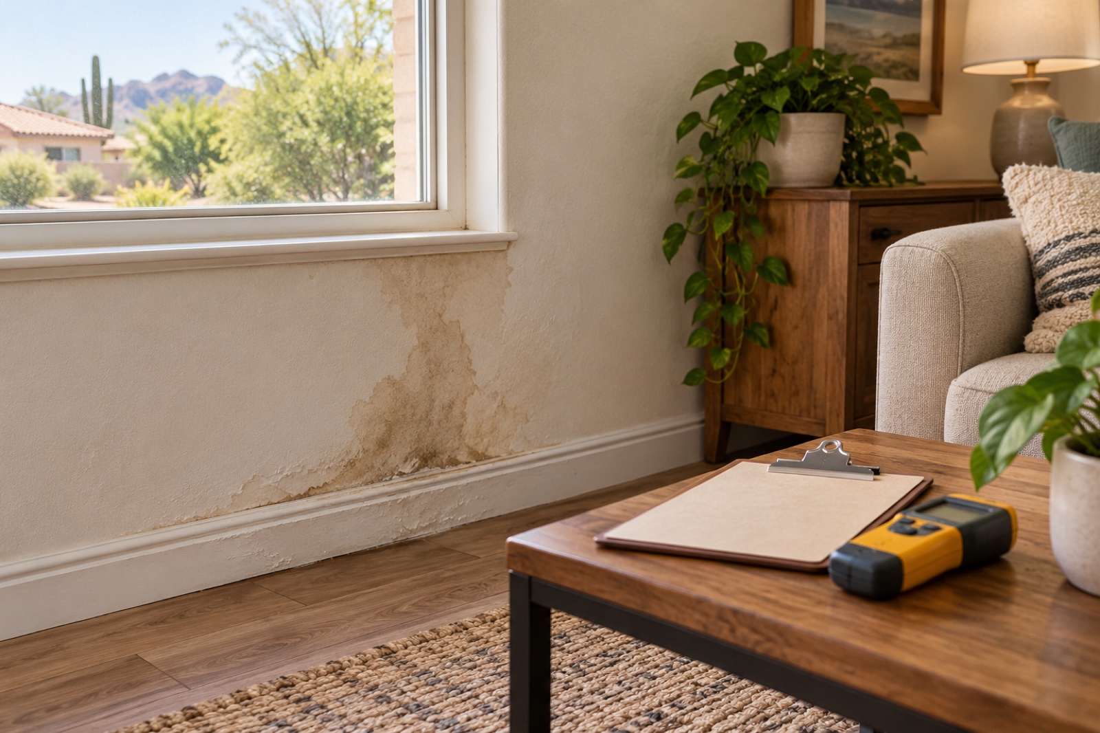 Water stain spreading up a living room wall beneath a window, with a clipboard and moisture meter on the coffee table