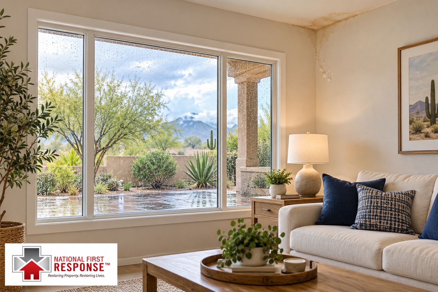 Arizona living room after a storm, with rain on the windows and a water stain spreading across the ceiling corner